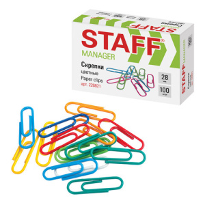 Скрепки STAFF /Manager/, 28 мм, цветные, 100 шт., в картонной коробке, 226821