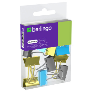 Зажимы для бумаг 19мм, Berlingo, 10шт., цветные, ПВХ упак., европодвес, голубой+золотой BC1019g