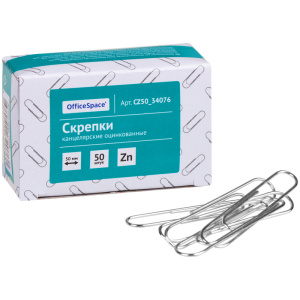 Скрепки 50мм, OfficeSpace, 50шт., оцинкованные, карт. упаковка CZ50_34076 (10702070/130125/5013127/3
