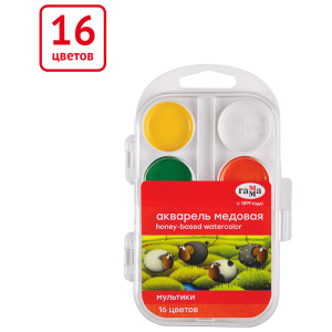 Акварель Гамма /Мультики/ NEW, медовая, 16 цветов, без кисти, пластик. упак., европодвес 211046_16