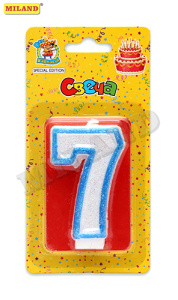 Свеча для торта с синей окантовкой с блёстками Цифра 7 С-1105