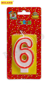 Свеча для торта с красной окантовкой с блестками Цифра 6 С-2411
