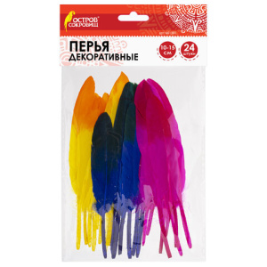 Перья декоративные прямые, 10-15 см, 24 шт., 6 цветов, двухцветные, ассорти, ОСТРОВ СОКРОВИЩ, 661381