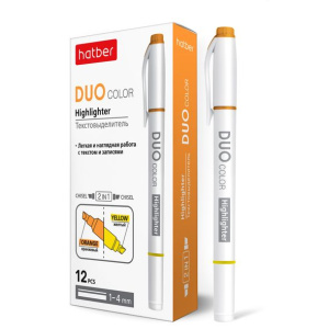 Текстовыделитель Hatber DUO двухцветный клиновидный пишущий узел 12шт. в картонной коробке  Оранжевы