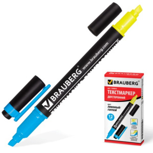 Текстмаркер BRAUBERG двусторонний, скошенный наконечник 1-4 мм, лимонный/голубой, 150842