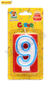 Свеча для торта с синей окантовкой с блестками Цифра 9 С-1777